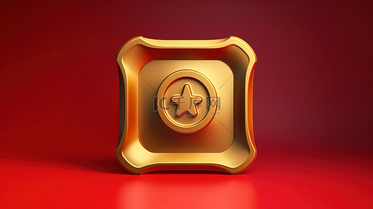 闪闪发光的奖徽，一个三维渲染的社交媒体图标，放置在红色哑光金盘上