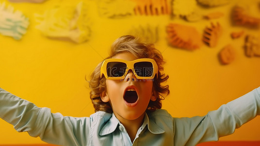 黄桃罐头卡通背景图片_快乐的孩子戴着 3D 眼镜，孩子在黄墙前摆姿势，这体现了电影和电影时间的魔力，这让孩子感到惊讶