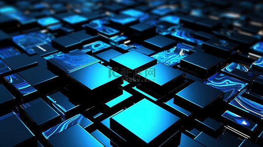 科技科幻黑色方块背景图片_抽象 3D 渲染中黑色和蓝色方块的科幻背景未来表面