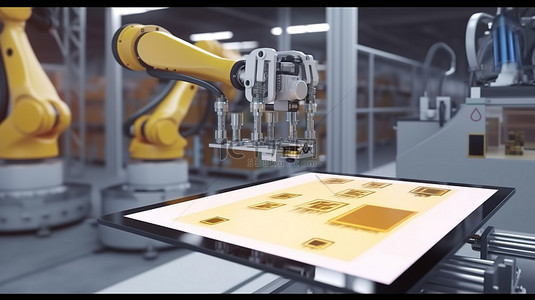工厂自动化 3D 渲染机器人利用平板电脑进行生产