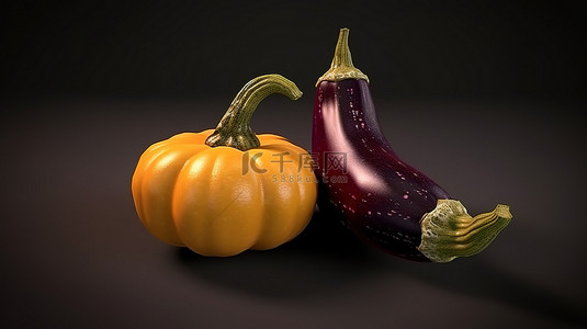 芝士焗饭背景图片_白色背景上南瓜和茄子图标的高质量 3D 渲染
