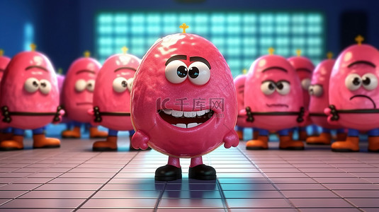 非法载客背景图片_3D 渲染的一个大草莓粉色釉面甜甜圈吉祥物的特写镜头，在照片背景前摆出姿​​势