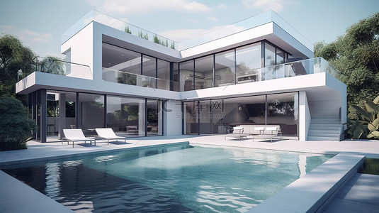 一座现代别墅，拥有令人惊叹的 3D 渲染游泳池