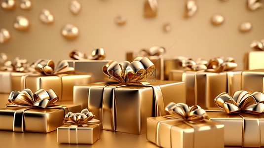 金色派对背景背景图片_金色背景的顶视图 3D 渲染，装饰着圣诞节或生日礼物