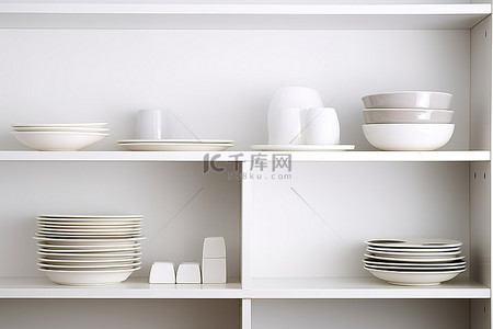 厨房白色背景图片_厨房白色架子上的盘子和盘子