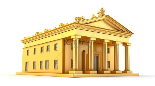银行投资背景图片_银行结构的 3D 渲染，以金币作为白色背景下的钱箱
