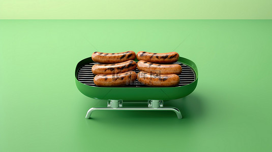 绿色背景下烤架上的四根香肠 3D 可视化计算机生成的图像