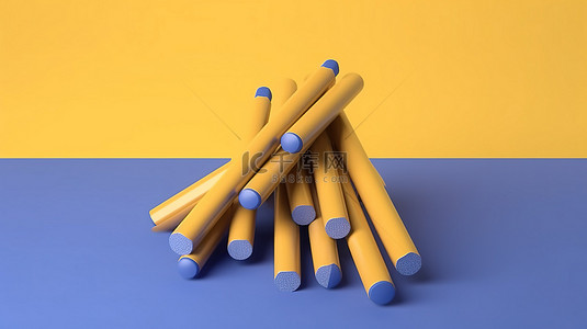 回到学校黄色背景上蓝色铅笔的简约 3D 渲染