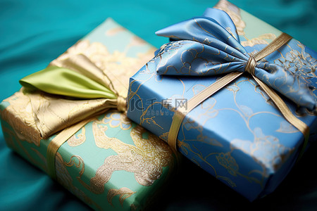 塞满的背景图片_两个蓝色和绿色的礼盒，里面塞满了蓝色和绿色的中国丝绸面料