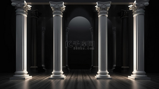 经典的柱子和带柱廊 3D 渲染的讲台上明亮闪亮的黑色门