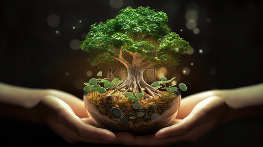 投资于你未来的手，在 3D 元宇宙插图中持有一棵硬币种植的树