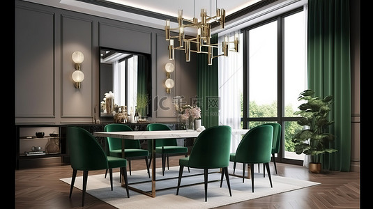 豪华的装饰和绿色装饰在 3D 渲染中增强了现代餐饮和生活区