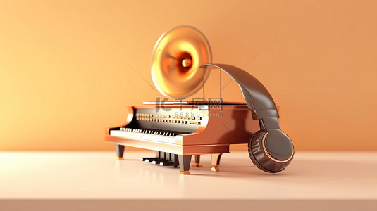音乐灵感 3D 钢琴，带耳机和文本空间
