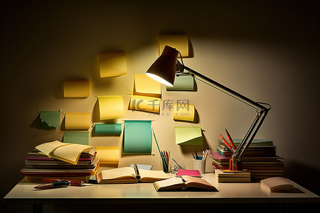 有书的桌子背景图片_一张桌子，上面有书书和纸一盏灯和一盏灯