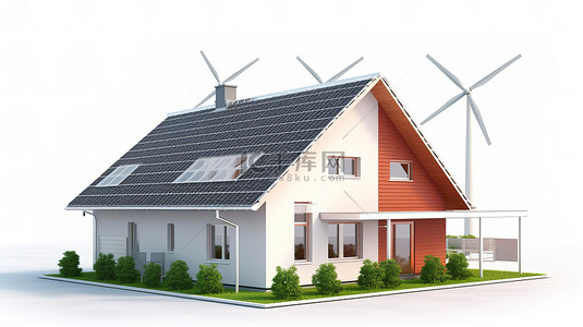 带有太阳能电池板和风车的白色背景房屋的 3D 孤立插图
