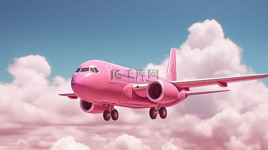 的行李箱背景图片_乘坐一架粉红色飞机拖着行李箱在云层中翱翔的 3D 渲染风格旅行