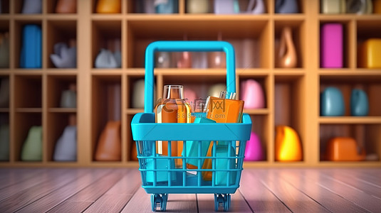 购物必需品袋智能手机饮料和货架上的篮子的 3D 渲染