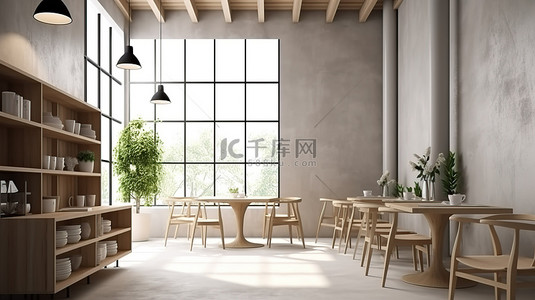 时尚的斯堪的纳维亚风格咖啡厅内饰，配有木桌和笔记本电脑 3D 渲染