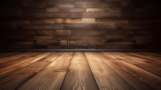 木墙和地板背景与木桌 3d 渲染