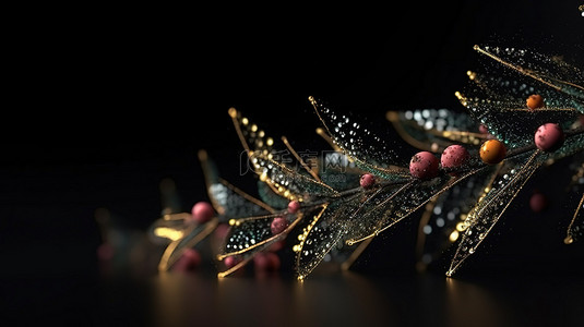 冬花背景图片_黑色背景下时尚 3D 渲染中优雅粒子注入的圣诞树枝
