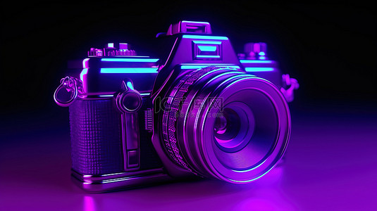 秀图背景图片_1 紫色霓虹灯照明的相机的 3D 特写图