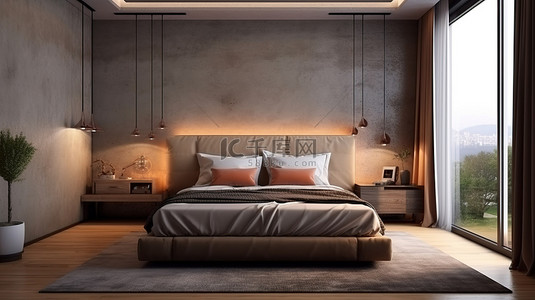 客房背景图片_现代卧室的 3D 渲染，配有棕色床灰色墙壁和互补的棕色地板和地毯