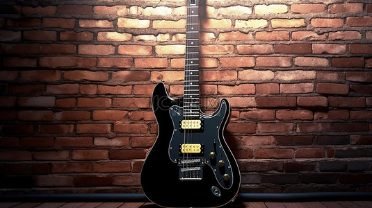 复古风格的砖墙增强了 3D 描绘的令人惊叹的黑色电吉他的吸引力