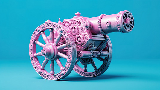 炮弹枪背景图片_蓝色背景 3D 渲染的老式粉红色海盗大炮装载炮弹的双色调