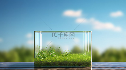 蓝天绿草讲台上玻璃背景的天然产品展台 3D 渲染