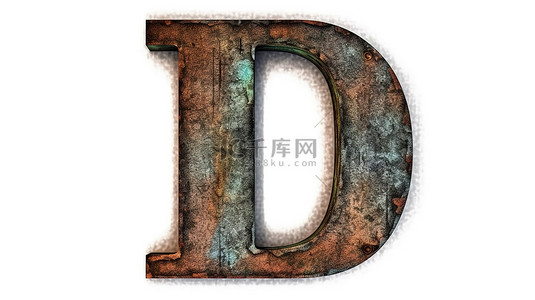 白色背景 3d 青铜字体上的小写字母 d，具有仿旧质朴纹理