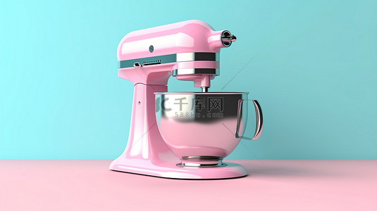 双色调风格蓝色厨房立式搅拌机在充满活力的粉红色背景 3D 渲染图像