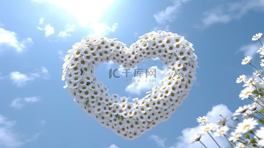白色的花朵点缀着这个 3D 渲染的心形的天空