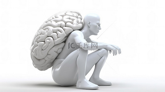 卡通人脑背景图片_坐在大脑顶部的三维人物，背景为白色