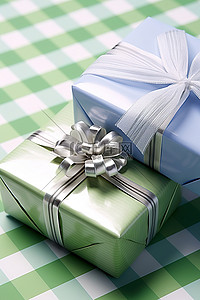 蓝色和白色格子餐垫上的两个礼品盒