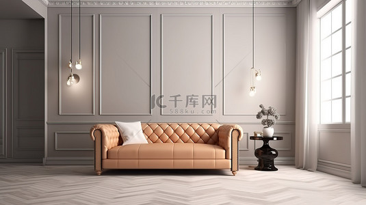 一家三代背景图片_室内场景 3d 渲染和插图，两色调白色棕色三座地板沙发，带光泽饰面