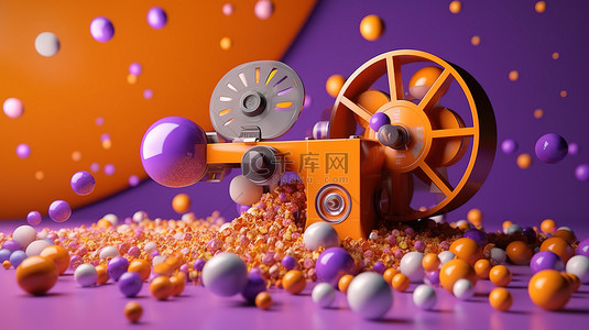 充满活力的紫色 3D 渲染，配有橙色电影放映机，周围环绕着彩色球