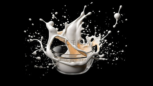 黑色背景下的牛奶爆炸 3d 插图渲染在 3d 中