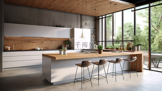 内置wifi背景图片_现代厨房配有内置电器白色硬木饰面和光滑的混凝土吧台顶部 3D 渲染