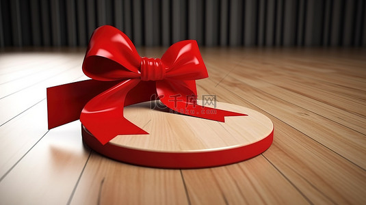 3D 渲染的木桌，配有红丝带和蝴蝶结，装饰着空白圆形销售标签
