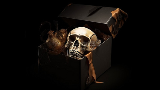 儿童礼物盒背景图片_万圣节礼物，带有怪异扭曲 3D 渲染礼品盒，带有头骨和骨头