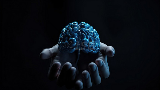 蓝色概念 3D 渲染手握脑头痛缓解和人工智能智能解决方案