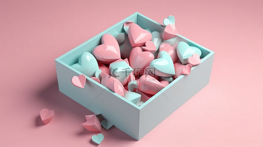 逼真的 3D 粉彩礼盒打开，在情人节展现出心形的喜悦