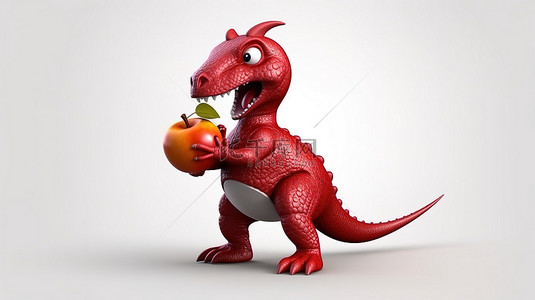 卡通苹果红色背景图片_有趣的红色恐龙，具有 3D 特征，抓着苹果
