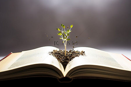 一本书被打开，种子从书脊发芽