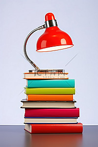 一盏红灯坐在一堆彩色书籍的顶部