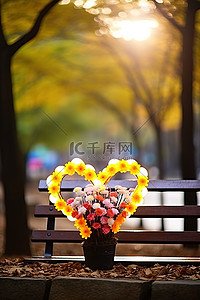韩国首尔公园的彩色花朵和心形木凳
