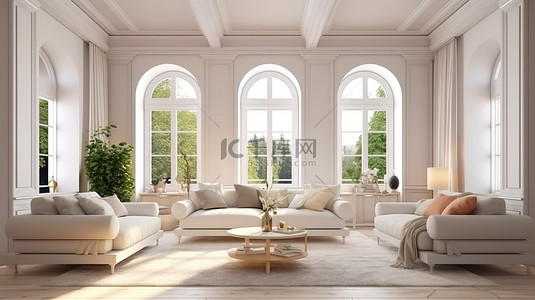 明亮的居家背景图片_经典风格的客厅内饰，舒适明亮的氛围 3D 渲染