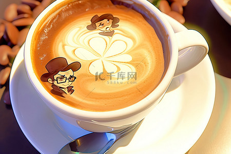 青豆茶背景图片_白盘子上放着一杯拿铁咖啡，旁边放着青豆