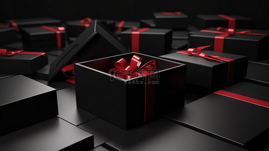 卡通风格 3D 渲染开放式红色和黑色礼品盒，带有空白丝带，非常适合商业黑色星期五模板背景卡