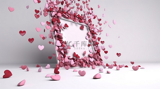 粉红色的爱心背景图片_粉红色的心形框架散落在白色表面的 3D 渲染中